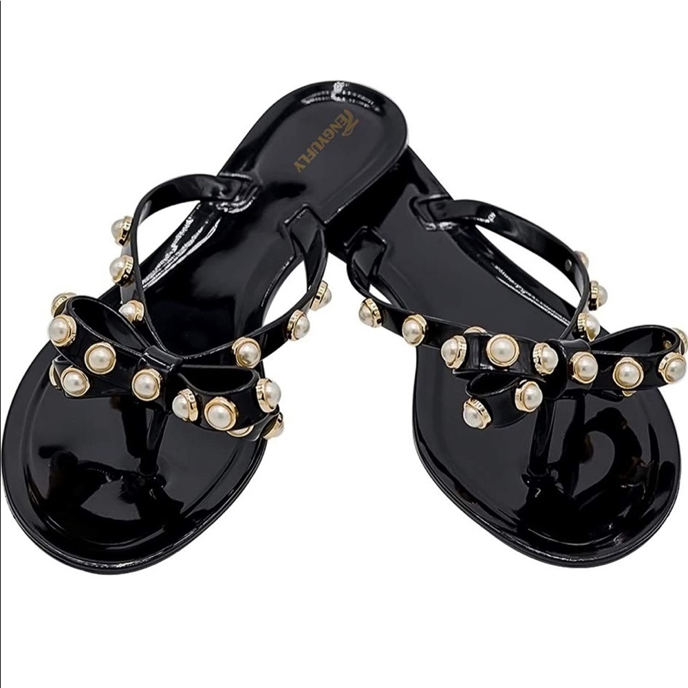 Jelly Flip Flops w/ Pearl and Bow Accents